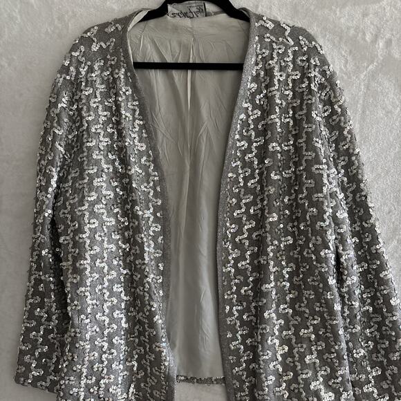 Vintage Edith Flagg California Sequin Jacket Open Front Silver Sequins Disco - Picture 14 of 14
